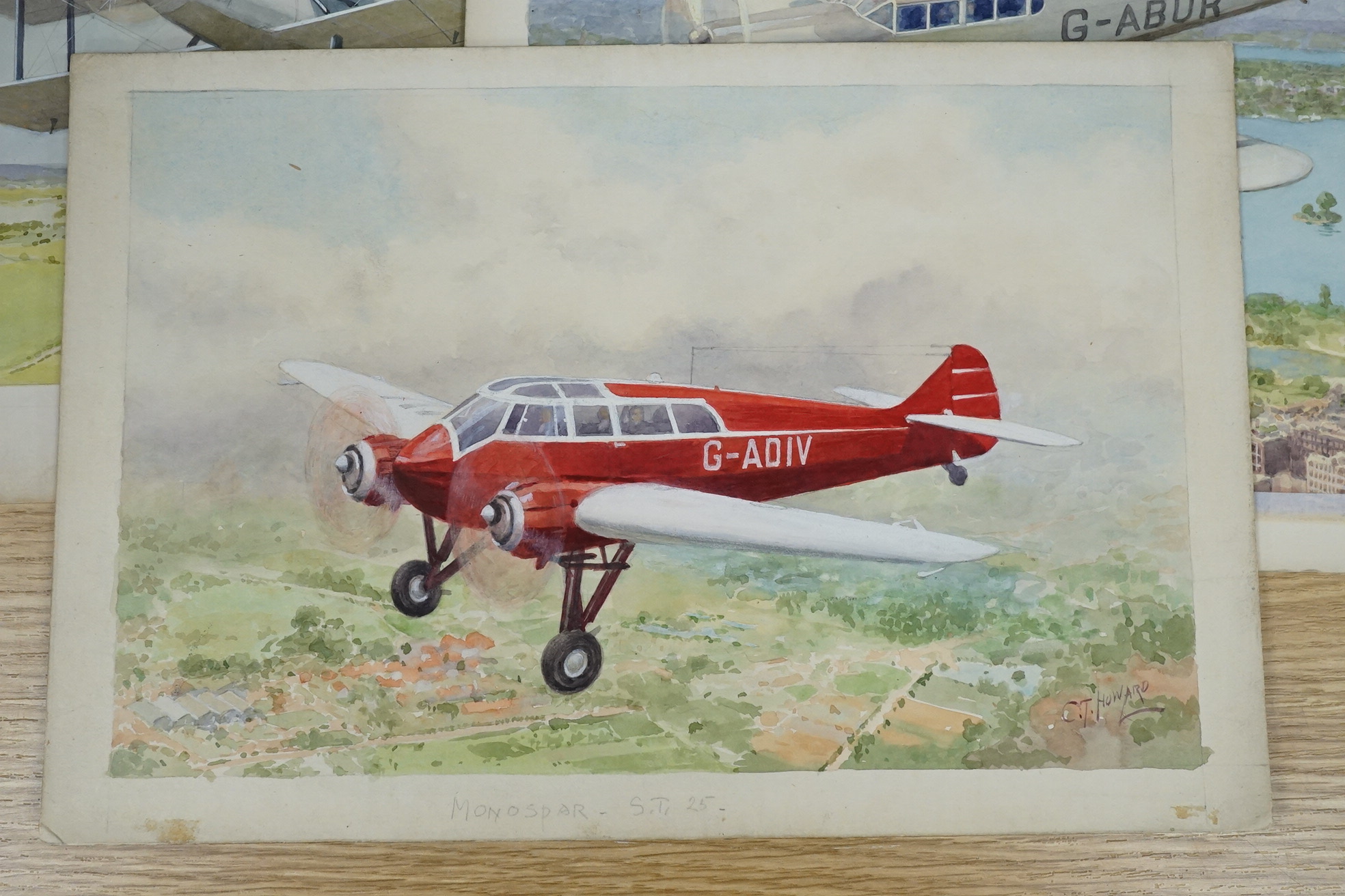 Charles Thomas Howard (1865-1942), set of four original watercolours for postcard designs, vintage aircraft, to include Monospar ST-25 and Percival Gull over Sydney, two signed, 21 x 32cm, unframed. Condition - fair to g